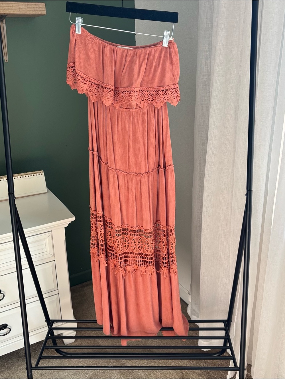 Coral Crochet Trim Strapless Maxi Dress